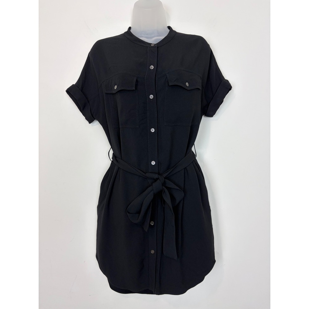 Theory Belted Cargo Shirt Dress Rosina Crepe Black Sz S Utility Minimalist